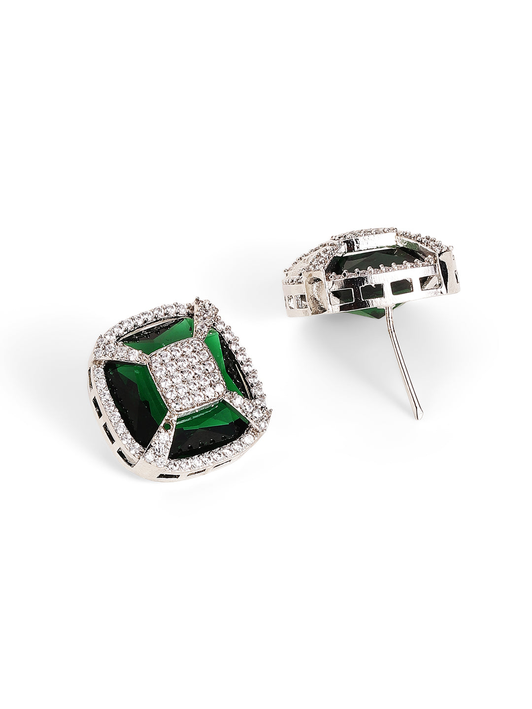 Emerald Stoned American Diamond Silver Plated Stud Earrings