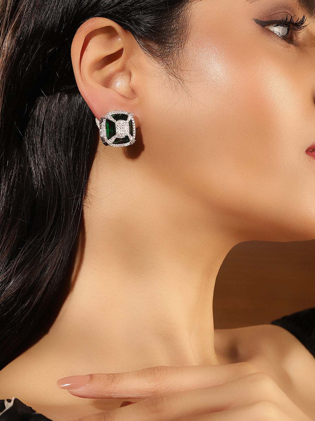Emerald Stoned American Diamond Silver Plated Stud Earrings