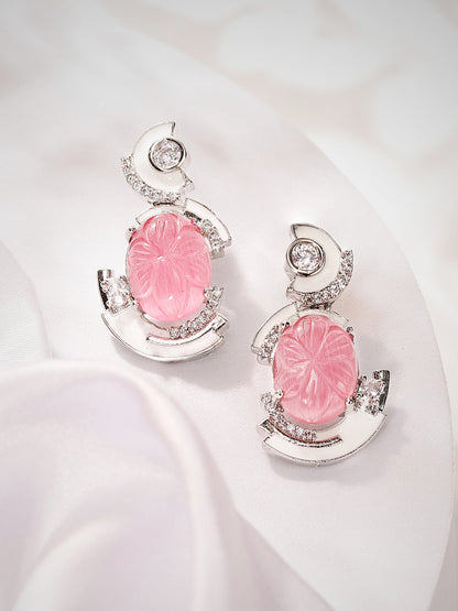 Pink Stoned White Elegance American Diamond Floral Pattern Drop Earrings