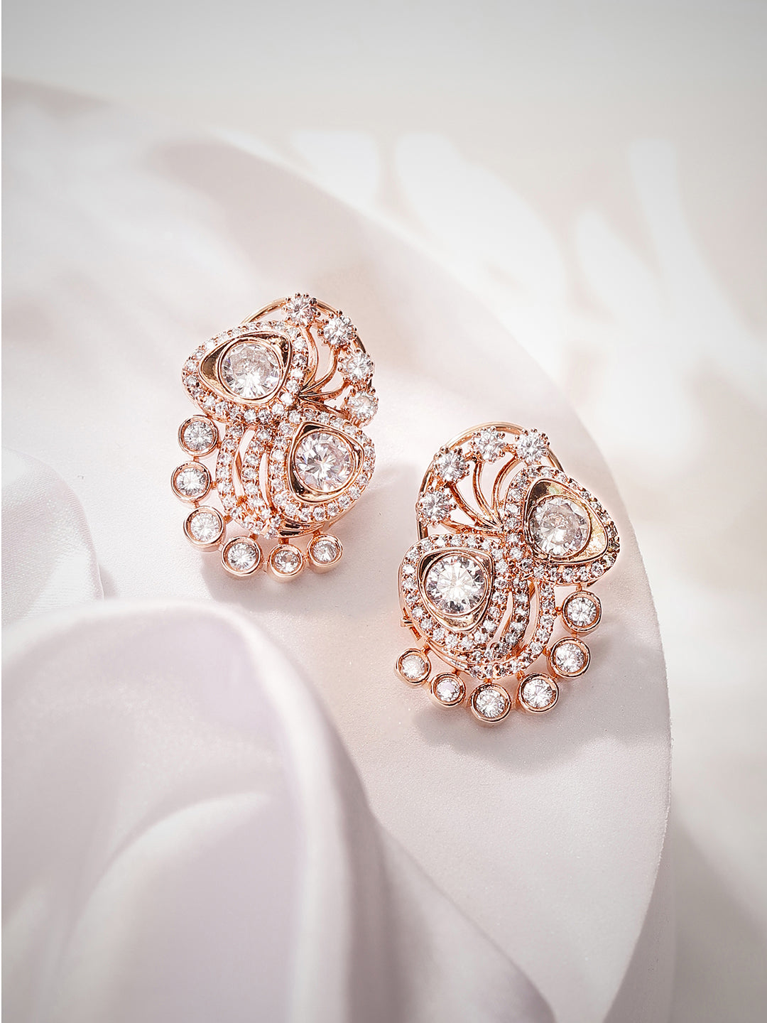 Floral Style American Diamond Rosegold Plated Fancy Stud Earrings
