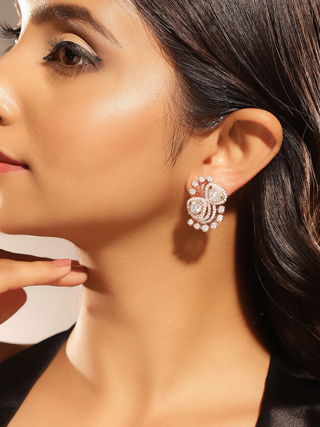Floral Style American Diamond Rosegold Plated Fancy Stud Earrings