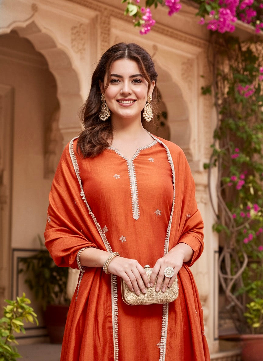 Orange Embroidered Silk Kurta with Dupatta Set | silk kurta set for women | frontside half view