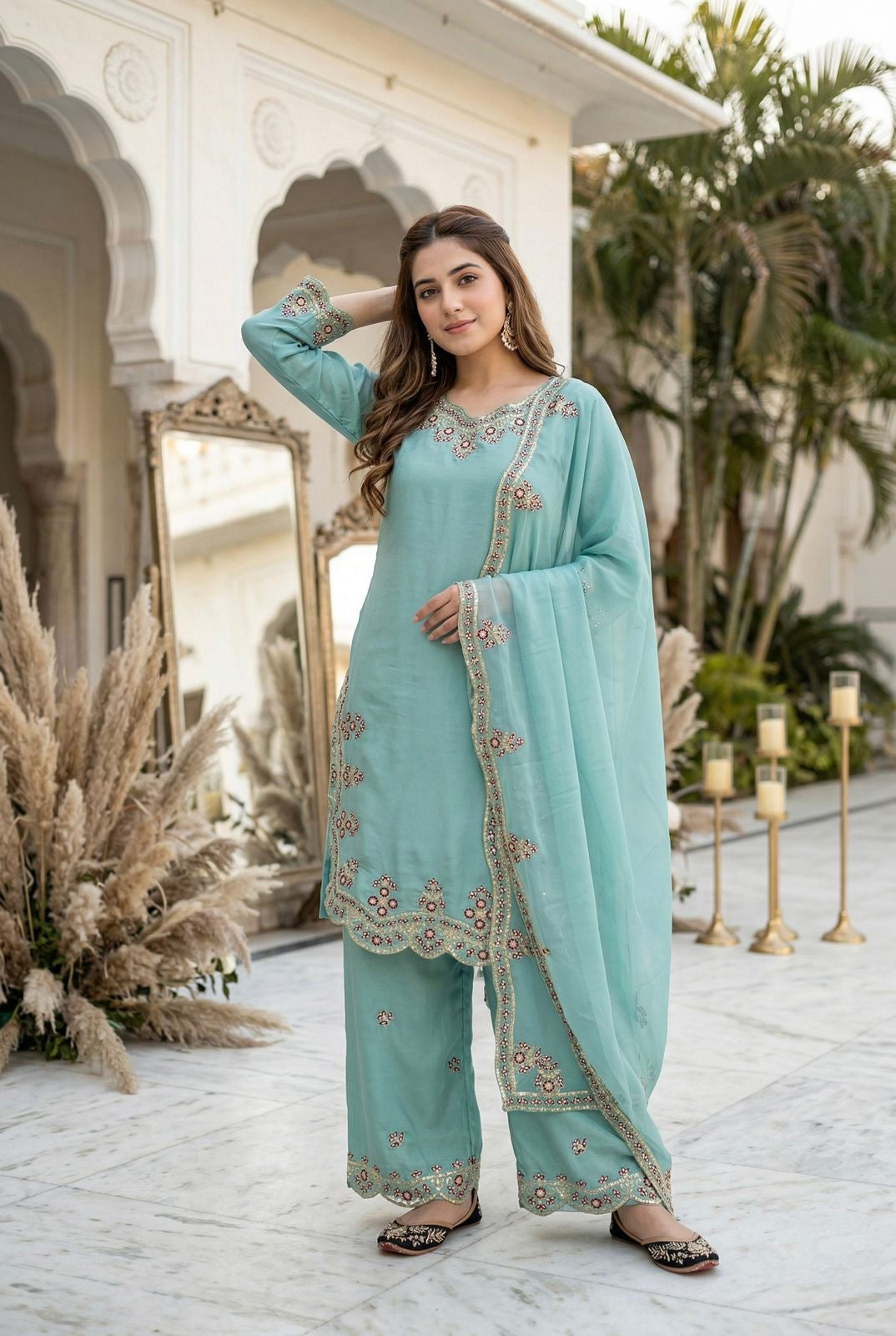 Sequence Designer Embroidery Work 3 Pc Kurta Palazzo Dupatta Set