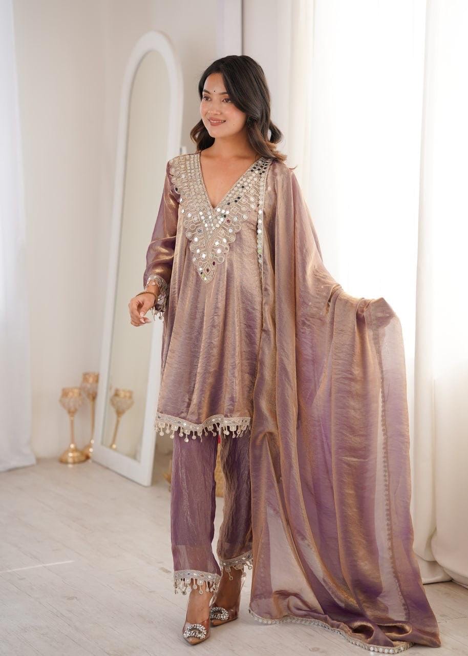 Fendi Silk Mirror Work Designer Kurti Pant Dupatta Set For Eid