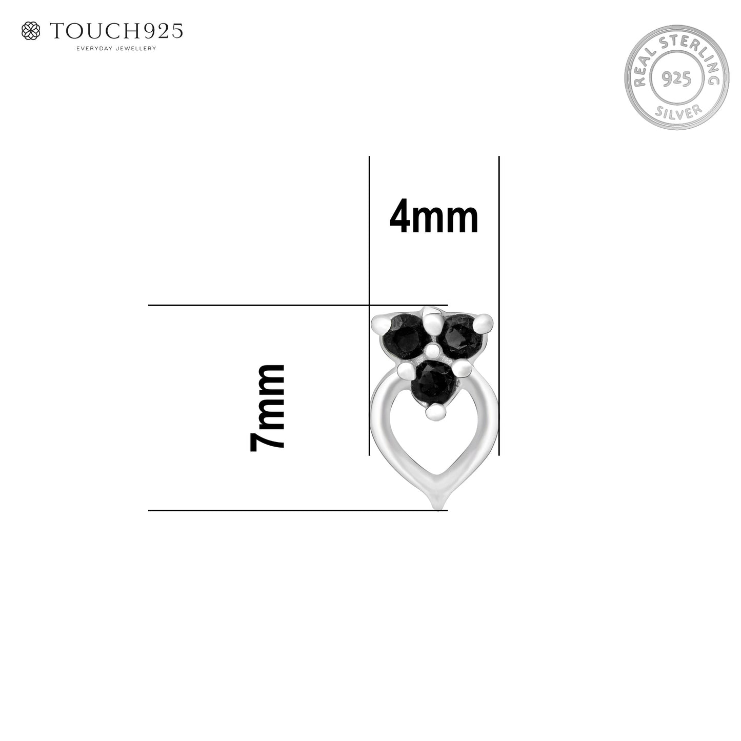 Trio Spark Heart-Drop Silver Nose Pin