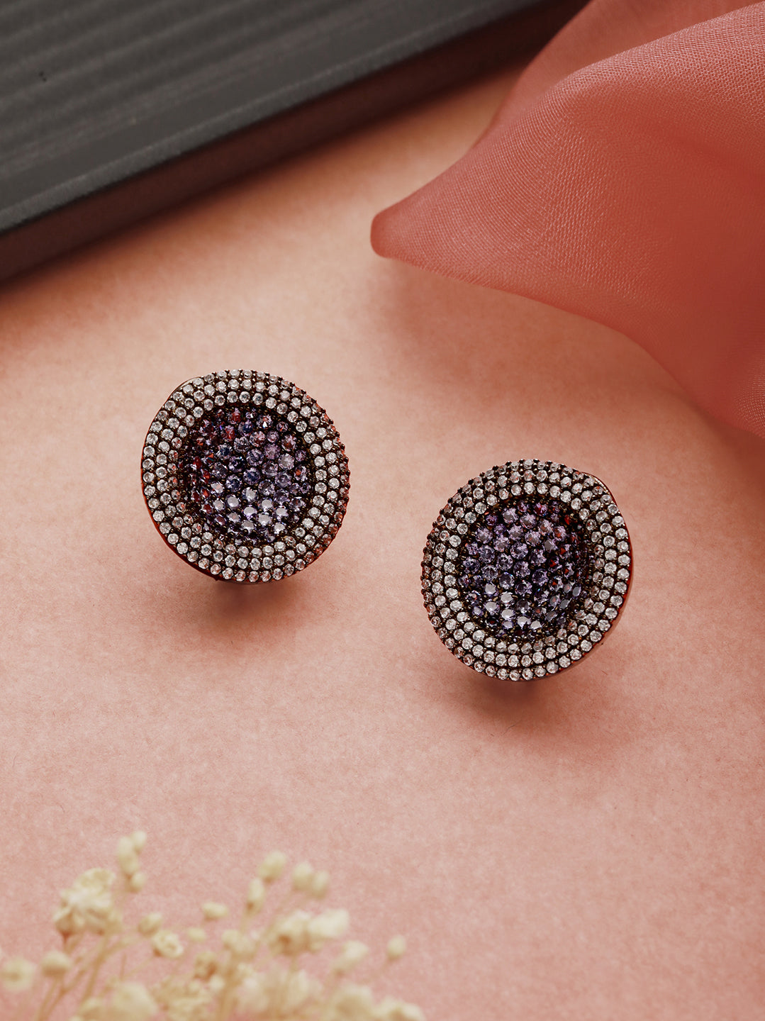 Priyaasi Purple Round American Diamond Silver-Plated Stud Earrings