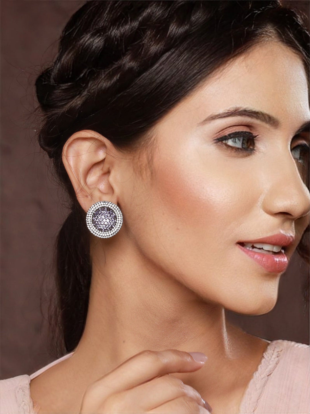 Priyaasi Purple Round American Diamond Silver-Plated Stud Earrings