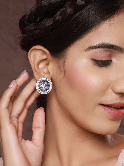 Priyaasi Purple Round American Diamond Silver-Plated Stud Earrings