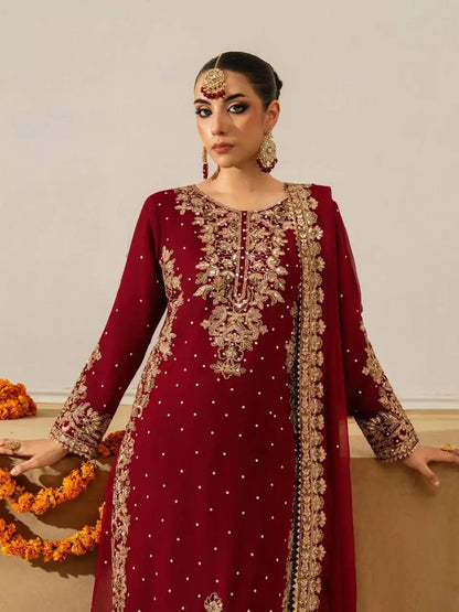 Eid Special Designer Moti with Embroidery Work Kurti Sharara Dupatta Set (Ready to Wear) Ethenika.com