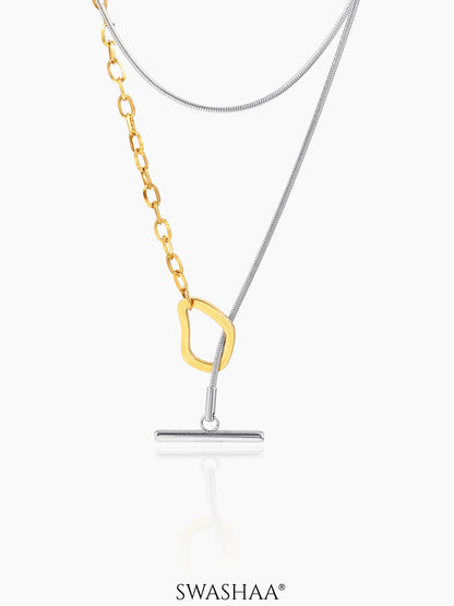 Eira Double Layered 18K Gold-Silver Two-Tone Toggle Clasp Chain Pendant Necklace