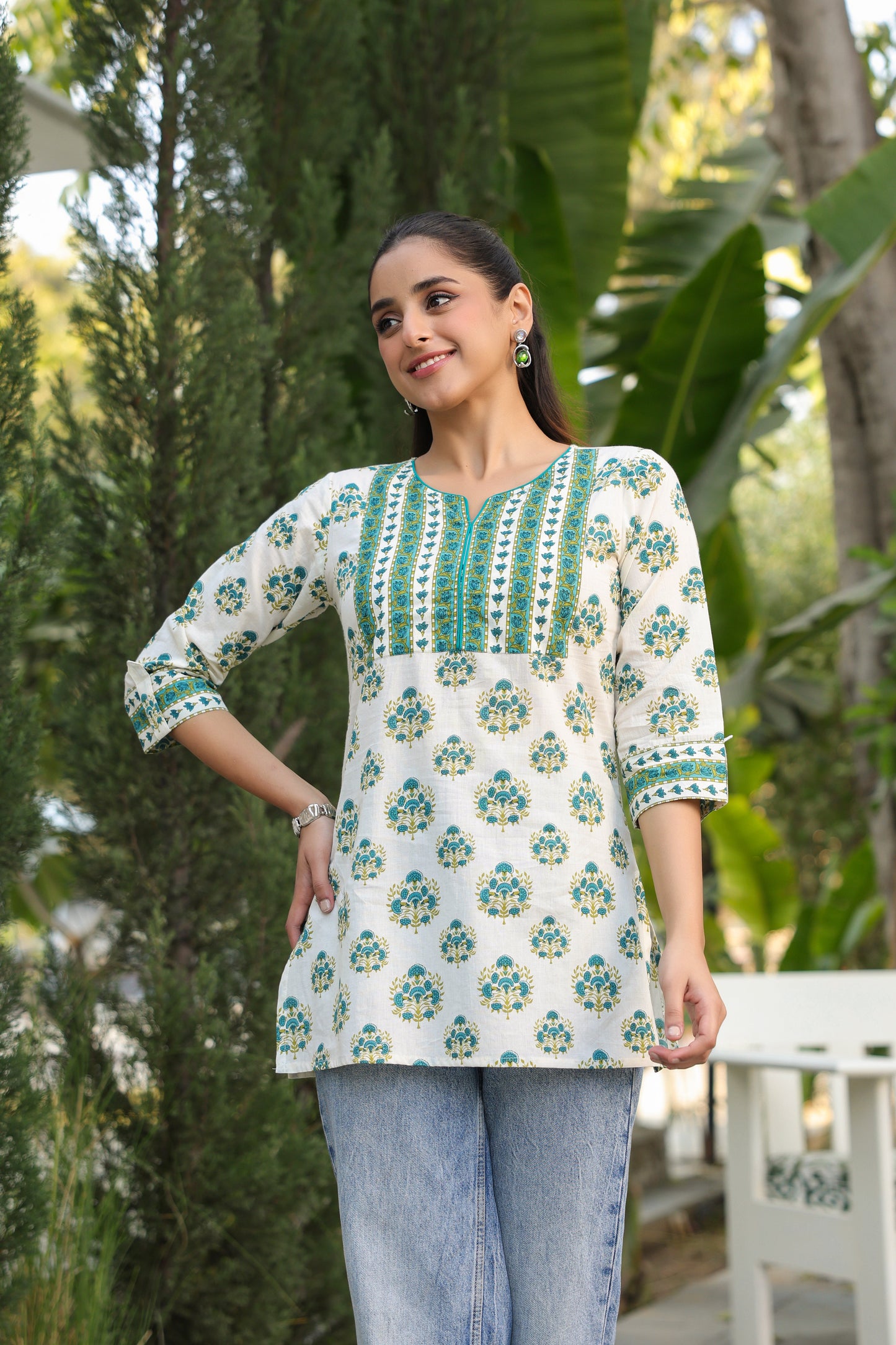 Elegant floral printed kurti in pure cotton with notch neck