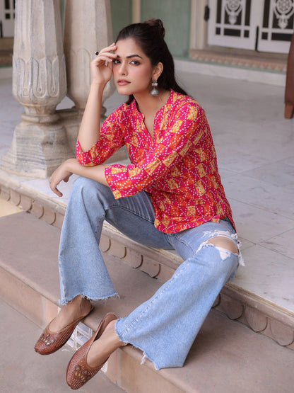 Elegant printed mandarin collar top