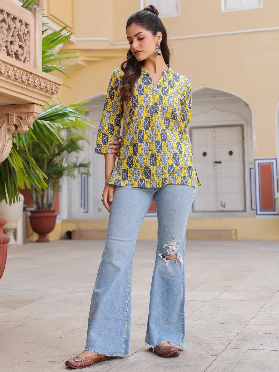 Elegant yellow mandarin collar blouse