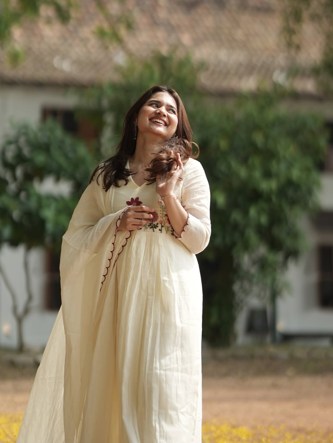 White Floral Embroidered Mul Cotton Anarkali Set with Dupatta