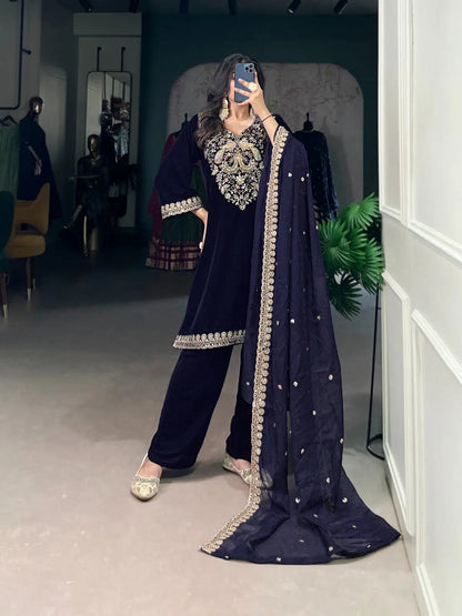 Ethenika Authentic Sequence Embroidery Work Designer Velvet Kurti Pant Dupatta Set (Ready to Wear) Ethenika.com