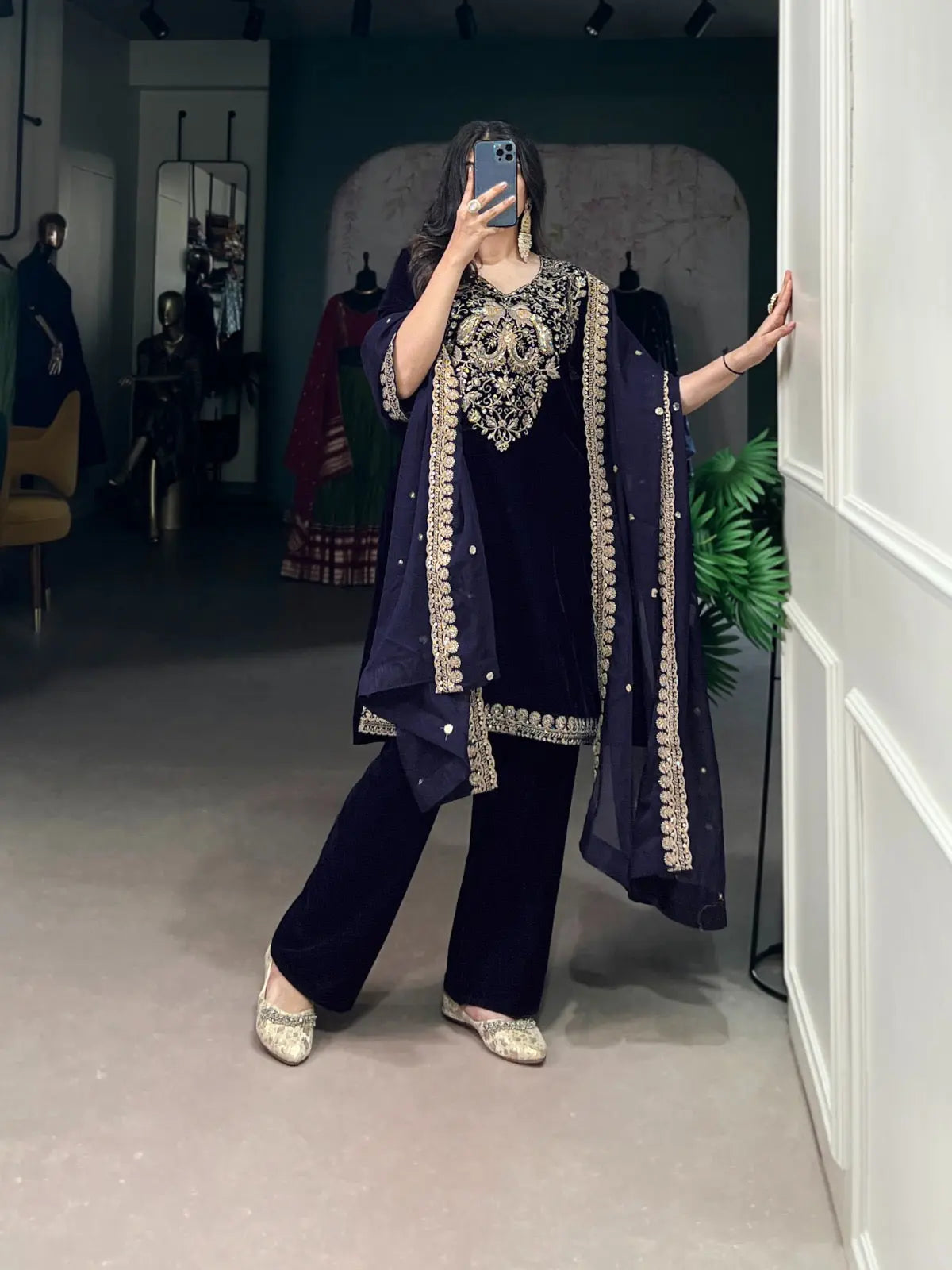 Ethenika Authentic Sequence Embroidery Work Designer Velvet Kurti Pant Dupatta Set (Ready to Wear) Ethenika.com