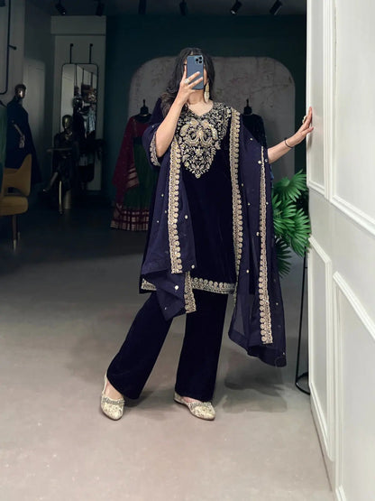 Ethenika Authentic Sequence Embroidery Work Designer Velvet Kurti Pant Dupatta Set (Ready to Wear) Ethenika.com