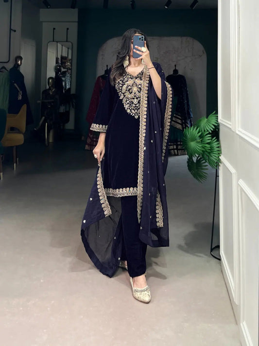 Ethenika Authentic Sequence Embroidery Work Designer Velvet Kurti Pant Dupatta Set (Ready to Wear) Ethenika.com