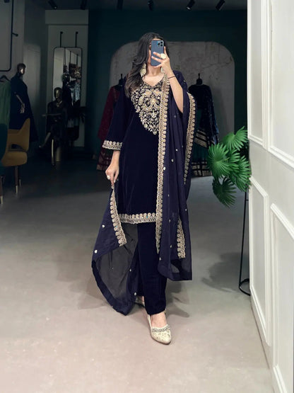 Ethenika Authentic Sequence Embroidery Work Designer Velvet Kurti Pant Dupatta Set (Ready to Wear) Ethenika.com