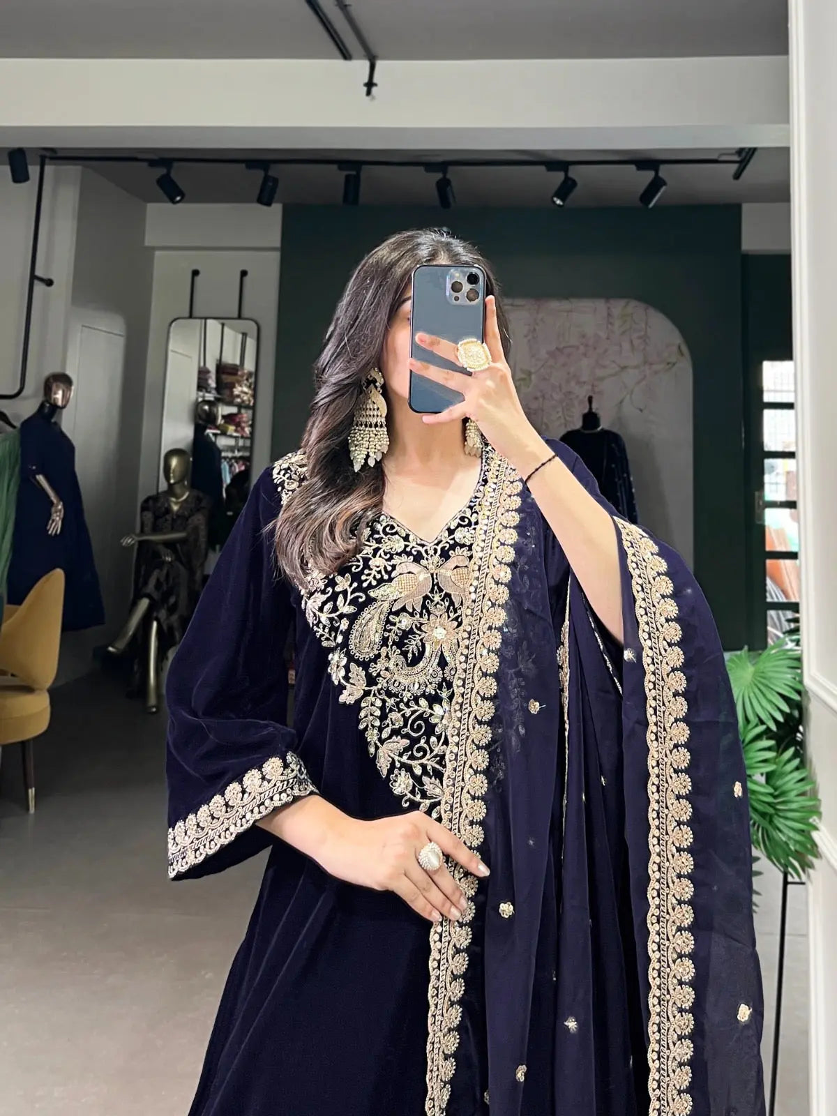 Ethenika Authentic Sequence Embroidery Work Designer Velvet Kurti Pant Dupatta Set (Ready to Wear) Ethenika.com