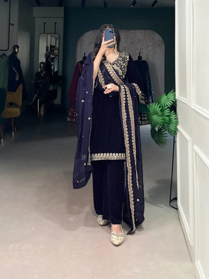 Ethenika Authentic Sequence Embroidery Work Designer Velvet Kurti Pant Dupatta Set (Ready to Wear) Ethenika.com