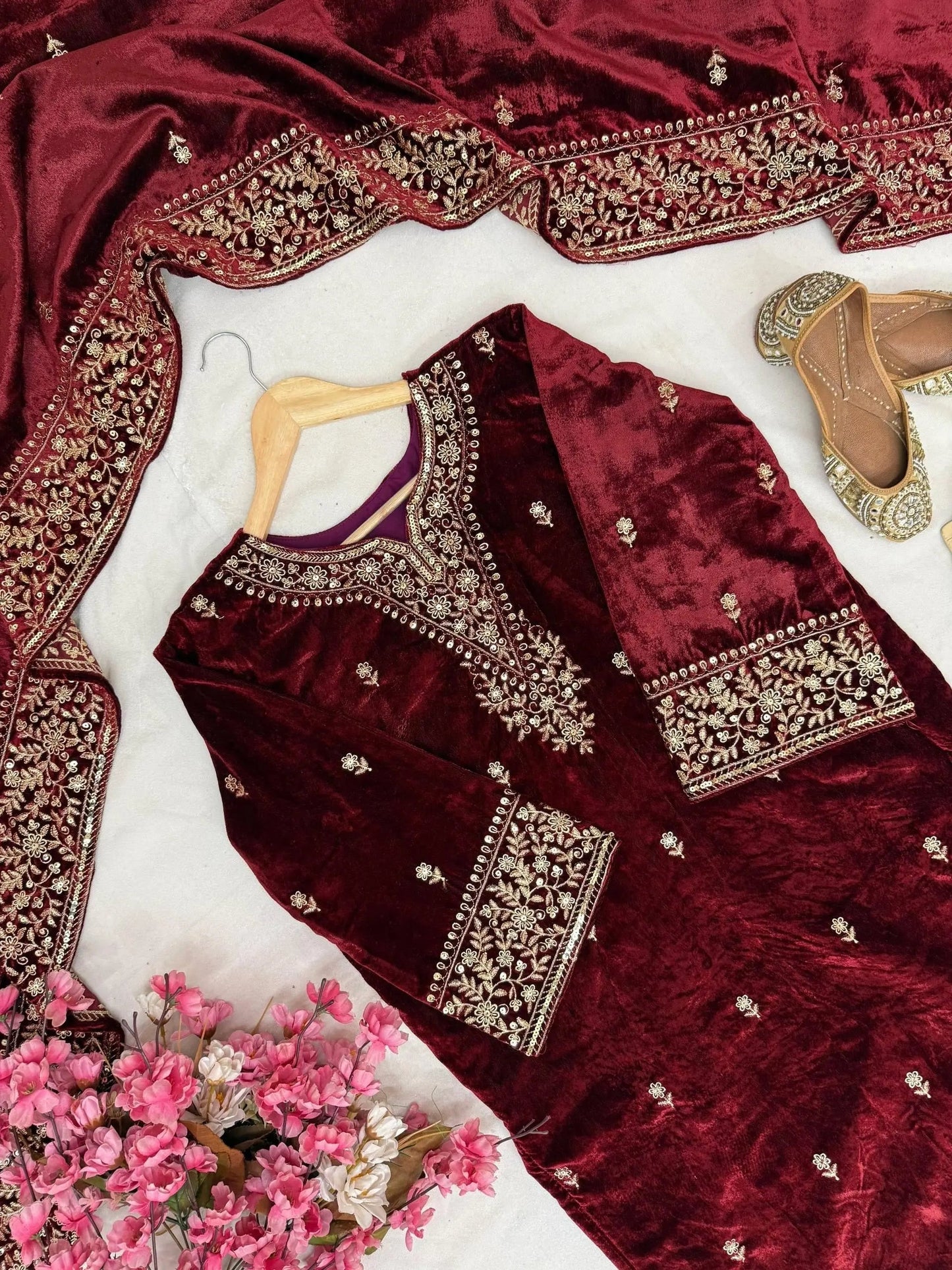 Ethenika Designer Embroidery Work Velvet Kurti Pant Dupatta Set (Ready to Wear) Ethenika.com