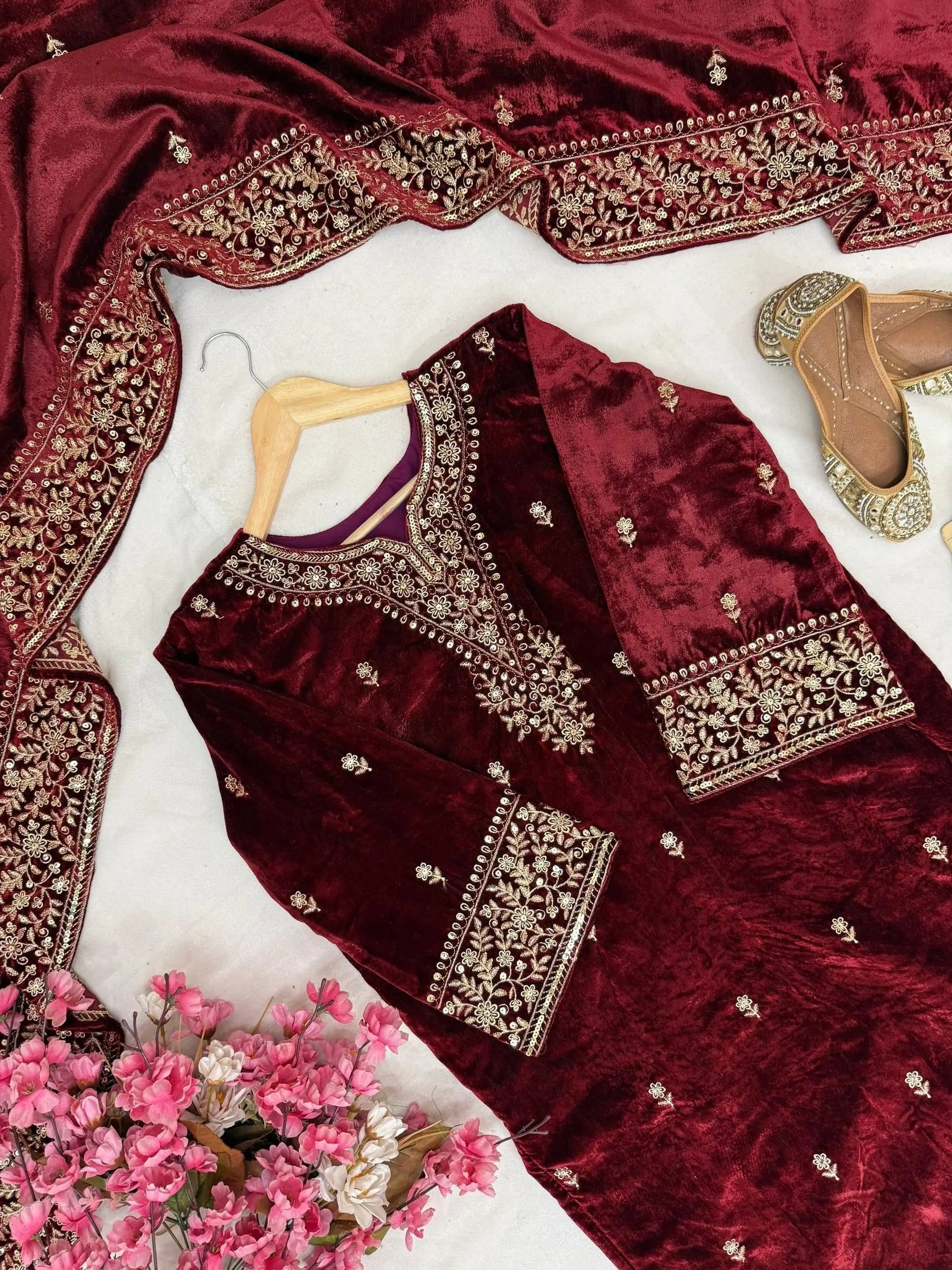 Ethenika Designer Embroidery Work Velvet Kurti Pant Dupatta Set (Ready to Wear) Ethenika.com