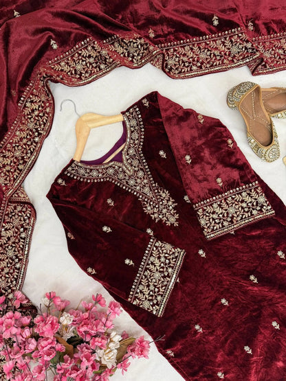 Ethenika Designer Embroidery Work Velvet Kurti Pant Dupatta Set (Ready to Wear) Ethenika.com