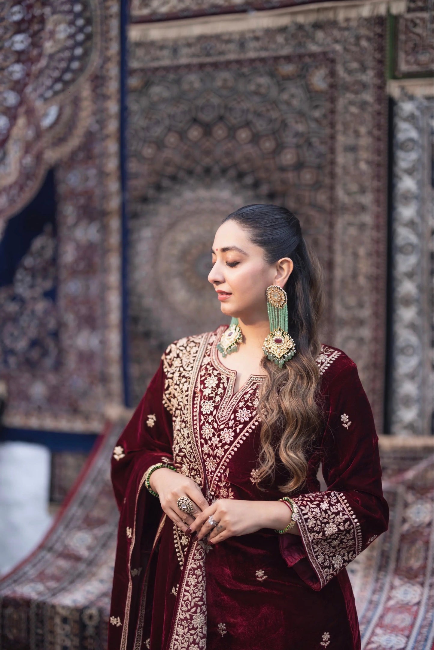 Ethenika Designer Embroidery Work Velvet Kurti Pant Dupatta Set (Ready to Wear) Ethenika.com