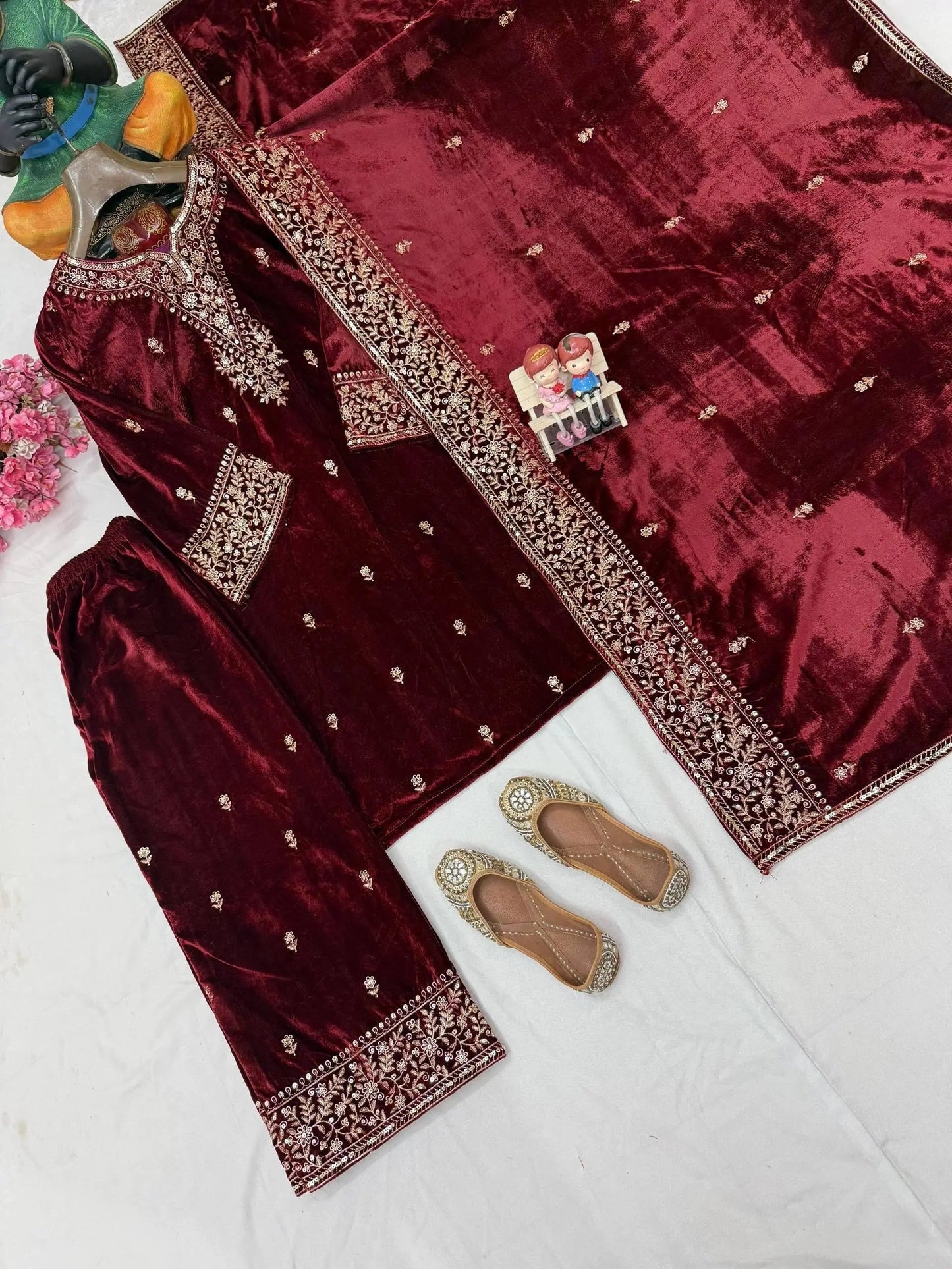 Ethenika Designer Embroidery Work Velvet Kurti Pant Dupatta Set (Ready to Wear) Ethenika.com