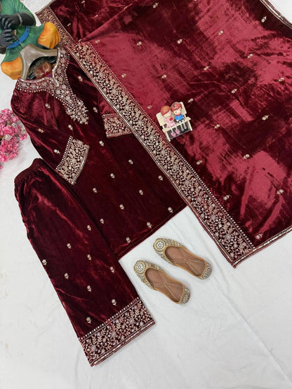 Ethenika Designer Embroidery Work Velvet Kurti Pant Dupatta Set (Ready to Wear) Ethenika.com