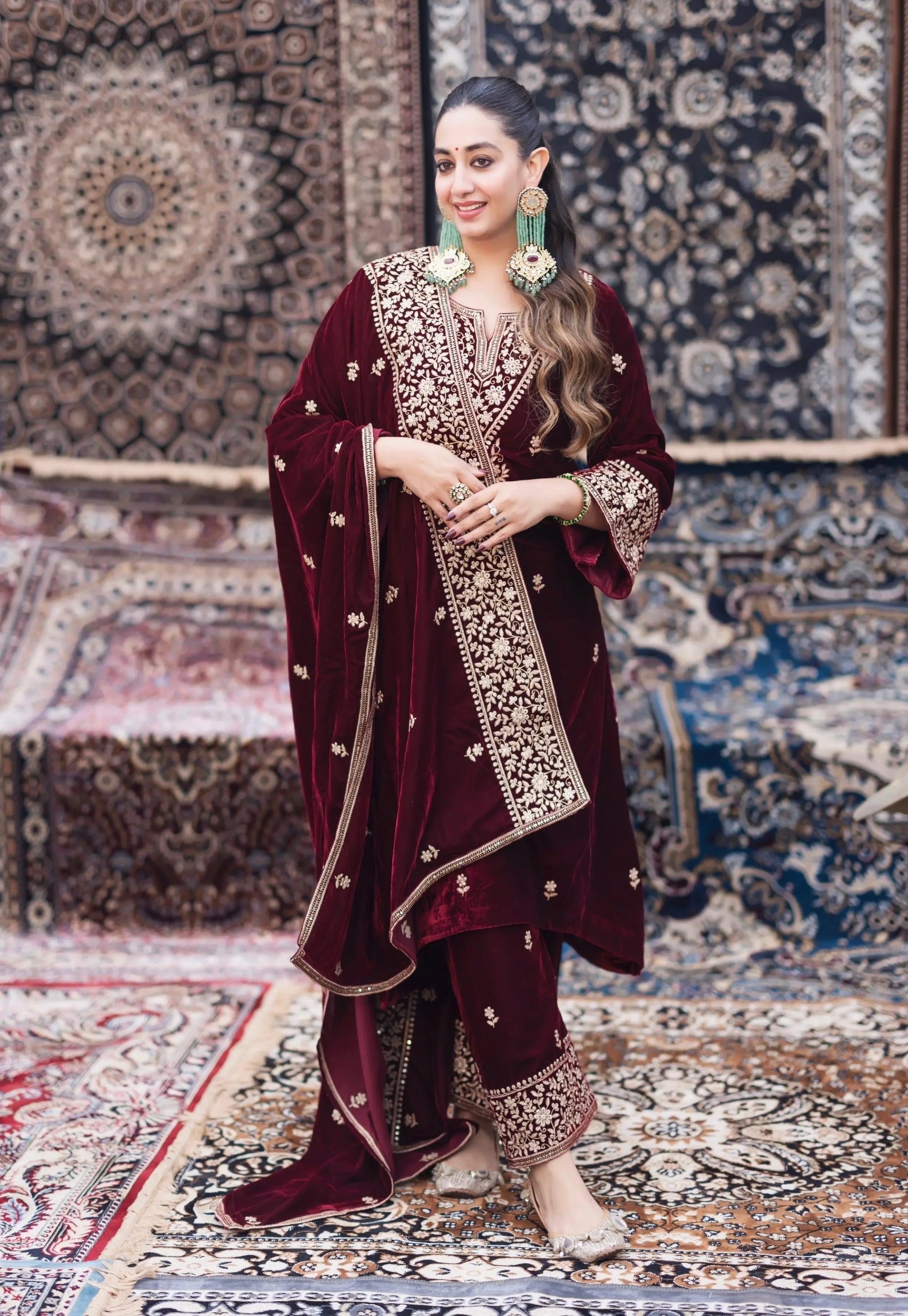 Ethenika Designer Embroidery Work Velvet Kurti Pant Dupatta Set (Ready to Wear) Ethenika.com
