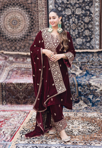 Ethenika Designer Embroidery Work Velvet Kurti Pant Dupatta Set (Ready to Wear) Ethenika.com