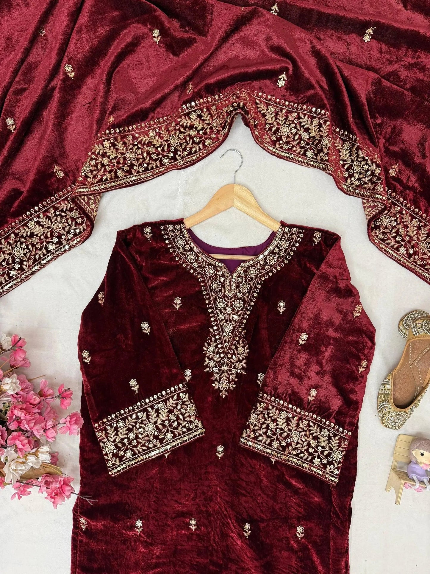 Ethenika Designer Embroidery Work Velvet Kurti Pant Dupatta Set (Ready to Wear) Ethenika.com