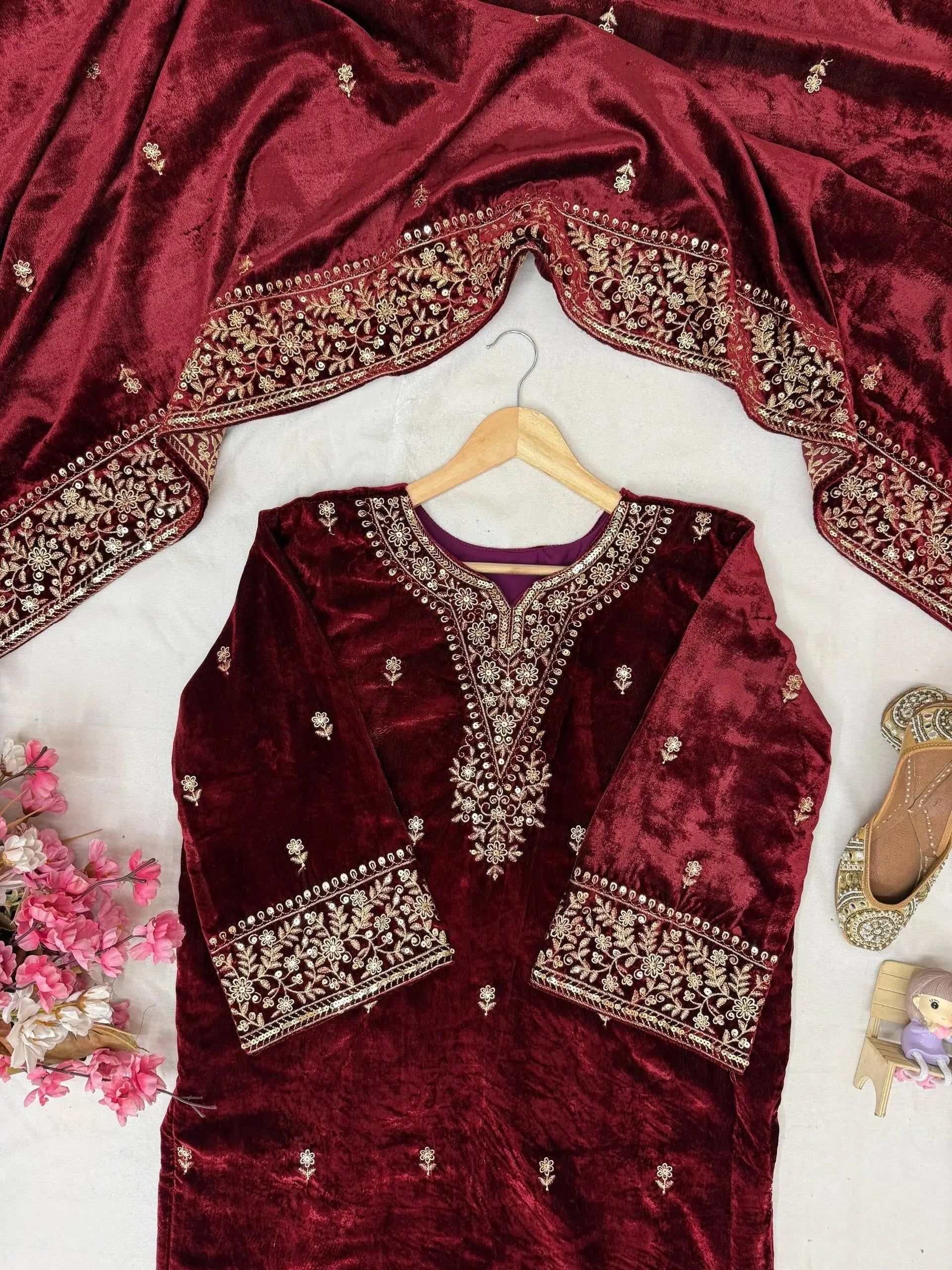 Ethenika Designer Embroidery Work Velvet Kurti Pant Dupatta Set (Ready to Wear) Ethenika.com