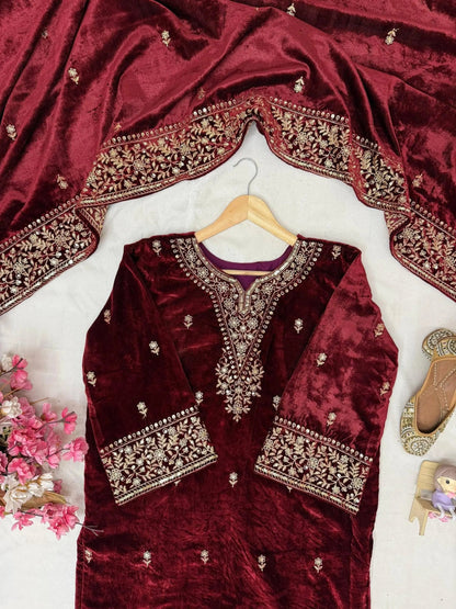 Ethenika Designer Embroidery Work Velvet Kurti Pant Dupatta Set (Ready to Wear) Ethenika.com
