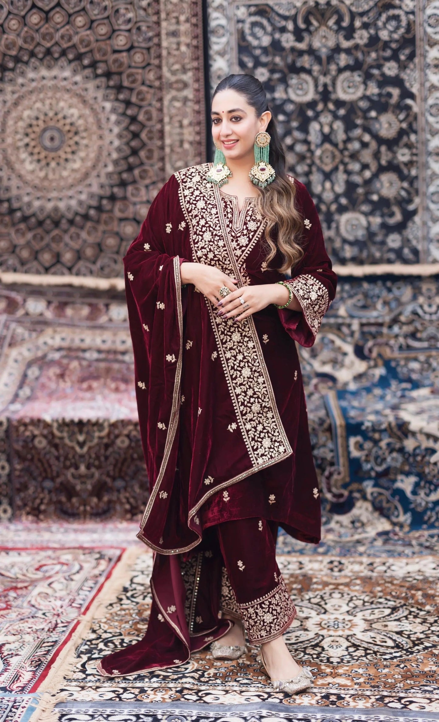 Ethenika Designer Embroidery Work Velvet Kurti Pant Dupatta Set (Ready to Wear) Ethenika.com