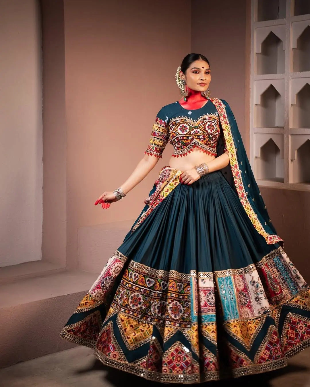 Ethenika Exclusive Heavy Muslin Digital Print with Mirror Work Navratri Special Designer Chaniya Choli Ethenika.com