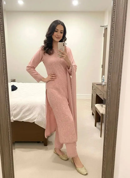 Ethenika Faux Georgette Chikankari Kurti Pant Dupatta Ethenika.com
