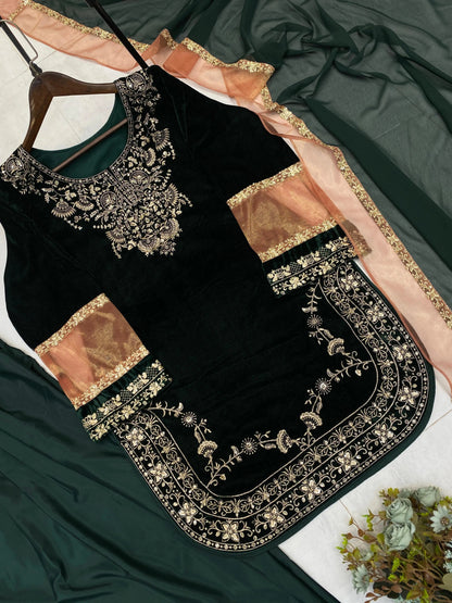 Ethenika Original Sequence Embroidery Work Designer Party Wear Velvet Kurti Pant Dupatta Set (Ready To Wear) Ethenika.com