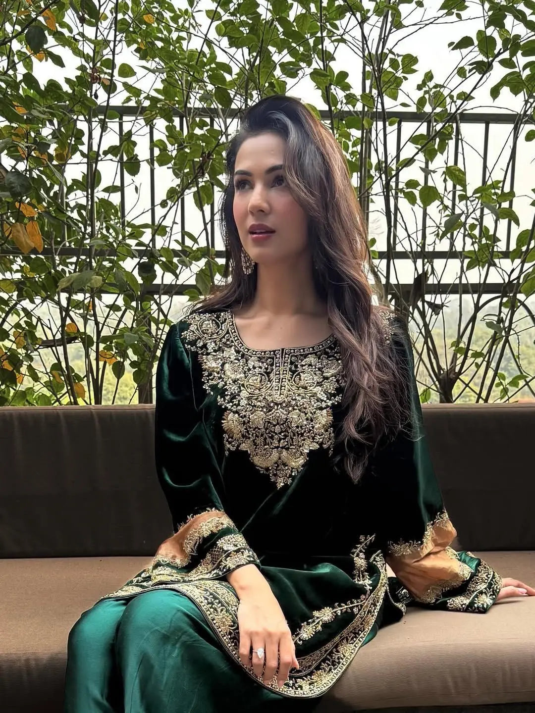 Ethenika Original Sequence Embroidery Work Designer Party Wear Velvet Kurti Pant Dupatta Set (Ready To Wear) Ethenika.com