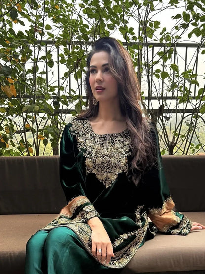 Ethenika Original Sequence Embroidery Work Designer Party Wear Velvet Kurti Pant Dupatta Set (Ready To Wear) Ethenika.com