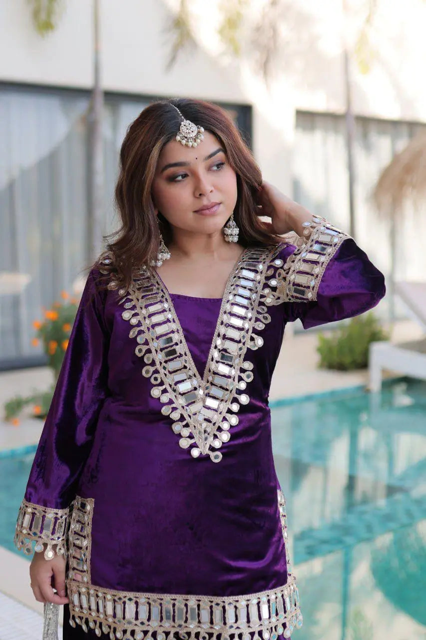 Ethenika Originals Mirror Work Velvet Kurti Palazzo Set Ethenika.com