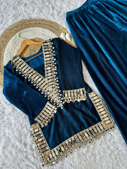 Ethenika Originals Mirror Work Velvet Kurti Palazzo Set Ethenika.com