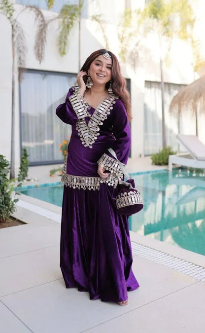 Ethenika Originals Mirror Work Velvet Kurti Palazzo Set Ethenika.com