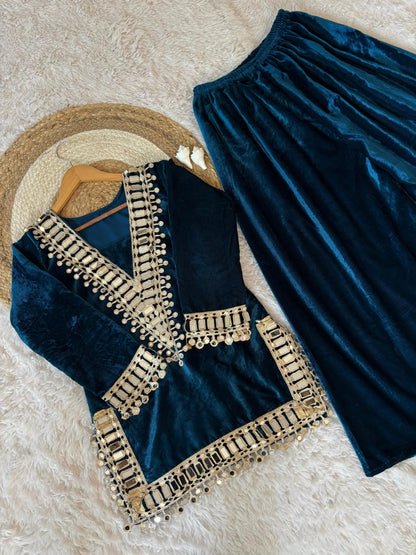 Ethenika Originals Mirror Work Velvet Kurti Palazzo Set Ethenika.com