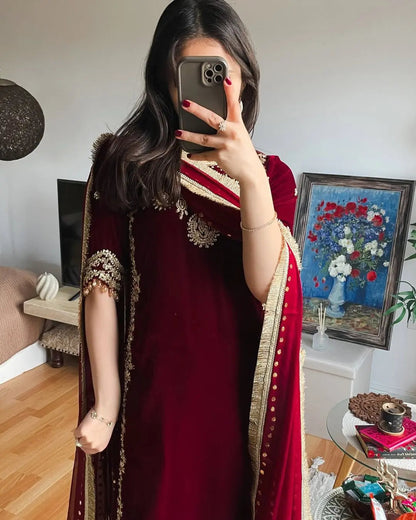 Ethenika Originals Sequence Embroidery Work Designer Velvet 3Pc Kurti Pant Dupatta Set (Ready to Wear) Ethenika.com