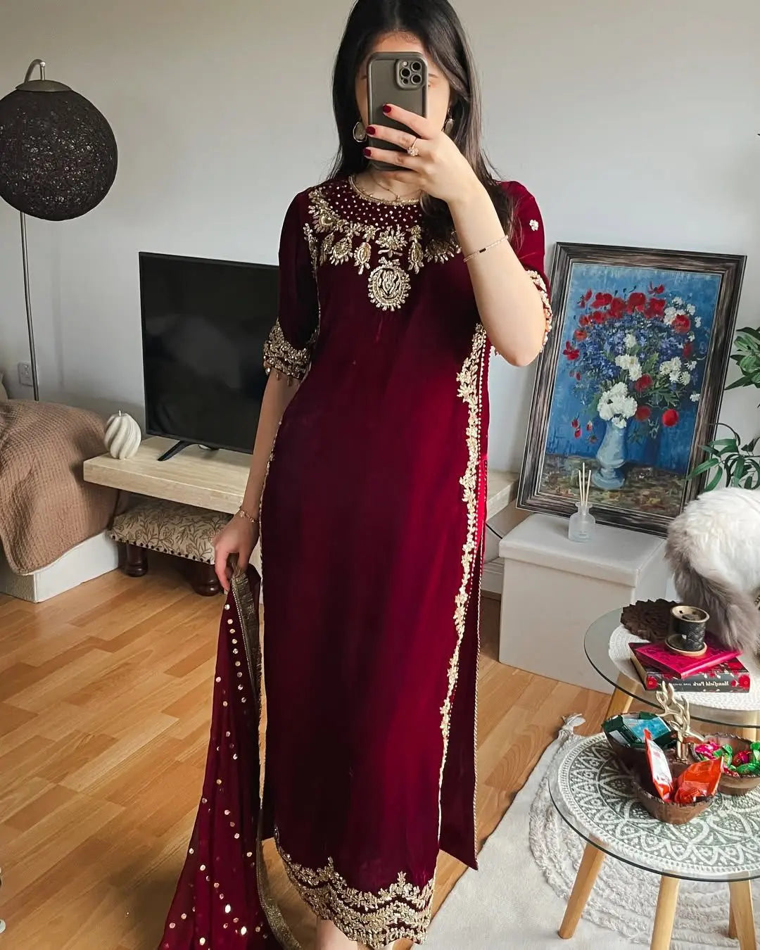 Ethenika Originals Sequence Embroidery Work Designer Velvet 3Pc Kurti Pant Dupatta Set (Ready to Wear) Ethenika.com