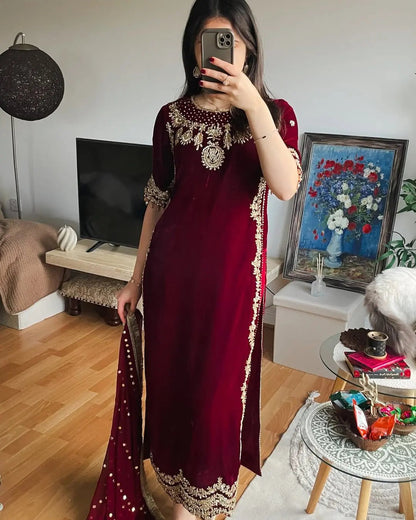Ethenika Originals Sequence Embroidery Work Designer Velvet 3Pc Kurti Pant Dupatta Set (Ready to Wear) Ethenika.com