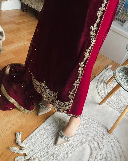 Ethenika Originals Sequence Embroidery Work Designer Velvet 3Pc Kurti Pant Dupatta Set (Ready to Wear) Ethenika.com